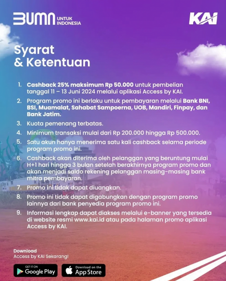 Syarat dan Ketentuan cashback tiket KAI Libur Sekolah 2024 di aplikasi KAI Access